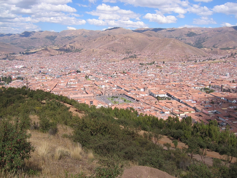 0806130051.JPG - Day 7, Friday, June 13, Cuzco. View of Cuzco from Sacsawaman ruinas.  Note Plaza de Armas in foreground.